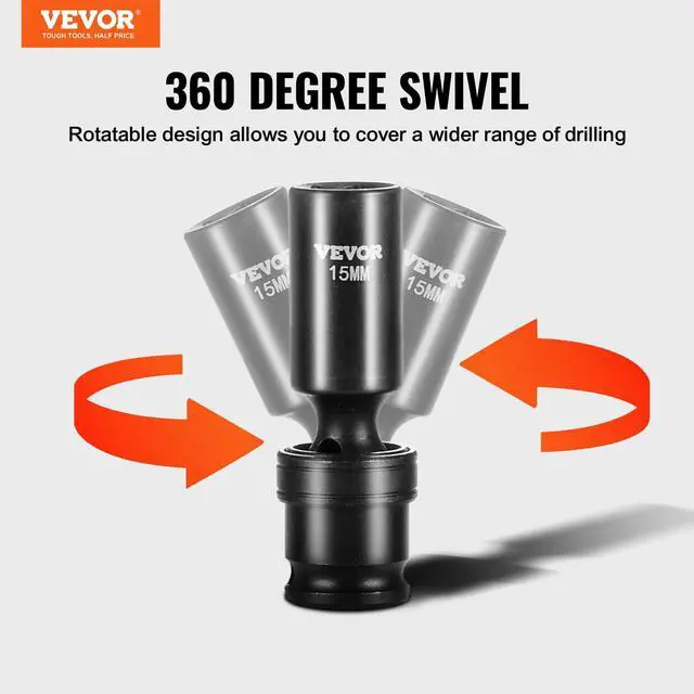 Alt view image 2 of 7 - 14PCS Universal Impact Socket Set - 3/8" Drive Deep Metric 10-19mm 6 Point - Swivel Socket with Flexible Wobble, CR-MO, Metric, Storage Case