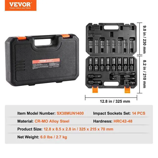 Alt view image 7 of 7 - 14PCS Universal Impact Socket Set - 3/8" Drive Deep Metric 10-19mm 6 Point - Swivel Socket with Flexible Wobble, CR-MO, Metric, Storage Case