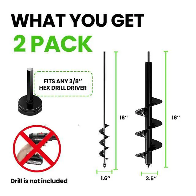 Alt view image 2 of 7 - Auger Drill Bit for Planting 2 Pack 1.6 x 16 Inch & 3.5 x 16 Inch Set Garden Spiral Hole and Bulb Planter Tool for Umbrella Holes - Compatible with 3/8 Inch Hex Drive