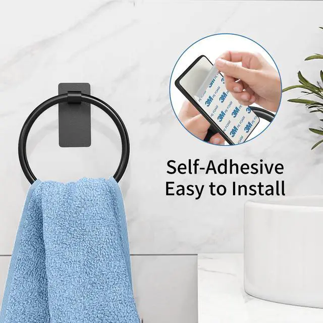 Alt view image 2 of 6 - Hand Towel Holder for Bathroom, Adhesive Round Towel Ring, Black | for Bath RV Kitchen, Self Adhesive No Drill Hole, Easy to Install