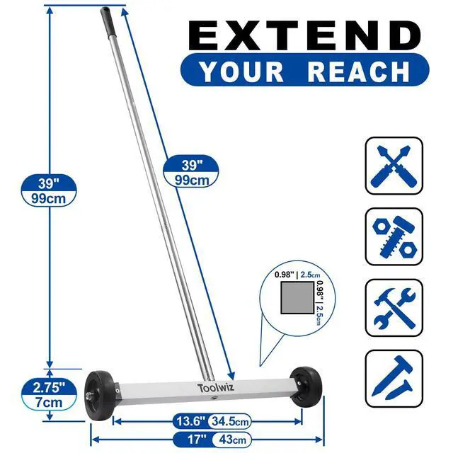 Alt view image 4 of 7 - Magnetic Pick Up Sweeper 17-inch Wide, 8.8 Lbs Magnet Pull Force | 8.8 Lbs, Rolling Magnetic Sweeper, Heavy Duty Magnet Pickup with Smooth Wheels, Yard Tools, Clean Nails for Construction