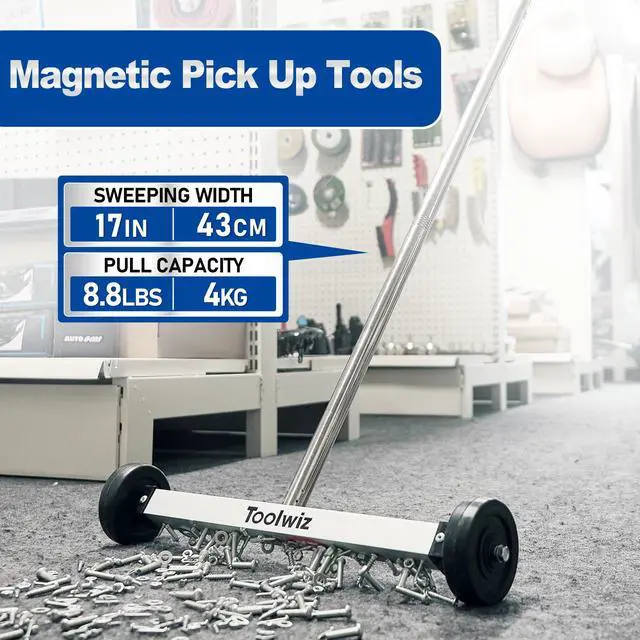 Alt view image 6 of 7 - Magnetic Pick Up Sweeper 17-inch Wide, 8.8 Lbs Magnet Pull Force | 8.8 Lbs, Rolling Magnetic Sweeper, Heavy Duty Magnet Pickup with Smooth Wheels, Yard Tools, Clean Nails for Construction