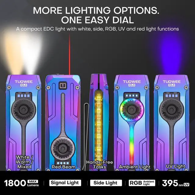 Alt view image 2 of 7 - UV Flat EDC Flashlight Rechargeable 1800 High Lumens Pocket Light with RGB,Magnetic Base Small Flashlights with Dual Switch,Stepless Dimming,USB-C Waterproof Work Flash Light for Work,Home,Emergencies