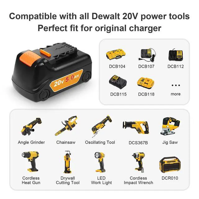 Alt view image 7 of 7 - 20v Max Battery Replacement for Dewalt Battery 5.0Ah with DCB112 Battery Charger Station for DCB200 DCB120