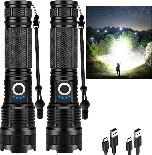 Main image of 2 Pack Rechargeable Flashlight, 99,000 High Lumens LED Flashlight with 5 Modes, IPX7 Waterproof, Adjustable Focus, Powerful Handheld Flash Light for Camping, Hiking, Emergency, Home Use