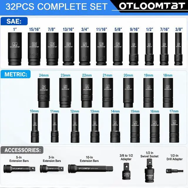 Alt view image 2 of 7 - 32PCS Impact Socket Set 1/2" Drive Metric & SAE Deep Sockets | Heavy Duty CR-V Steel Construction with Extension Bar, 6-Point Design, Laser Markings & Storage Case for Auto Repair