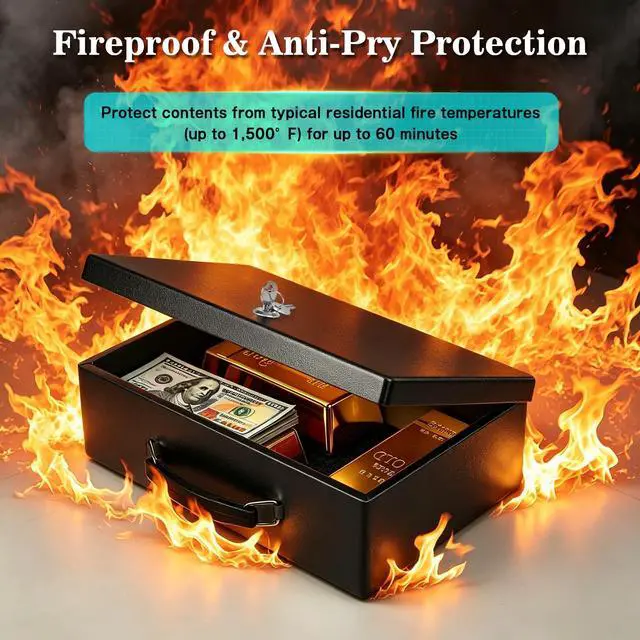 Alt view image 2 of 7 - Fireproof Document Box with Key Lock, Fire Safe Box, Black | Fire and water resistant lock box for documents, passports, cash and valuables, keeping secure at home, 12.8 x 8.5 x 4.5 Inch