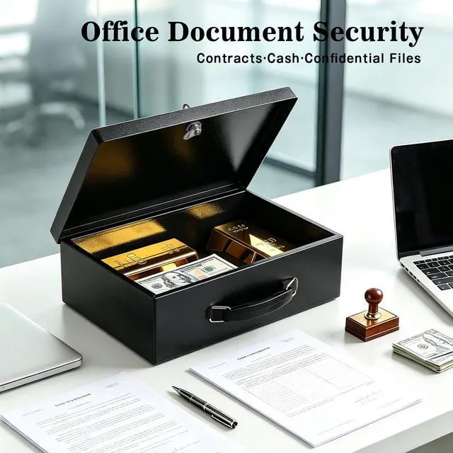 Alt view image 5 of 7 - Fireproof Document Box with Key Lock, Fire Safe Box, Black | Fire and water resistant lock box for documents, passports, cash and valuables, keeping secure at home, 12.8 x 8.5 x 4.5 Inch