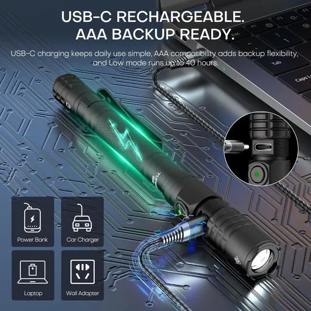 Alt view image 4 of 7 - EDC Tactical Flashlight Rechargeable,Dual Modes 1500 High Lumens Pen Flashlight, Dual Switch Pocket LED Flashlight, Super Bright Small Flash Light for Emergency, Camping, Home
