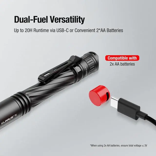 Alt view image 4 of 7 - P2 Tactical Pen Light, 1000 Lumens 886ft Throw, USB-C Rechargeable or 2AA Compatible, IPX8 Waterproof Small EDC Pocket Flashlight for Office Home Security