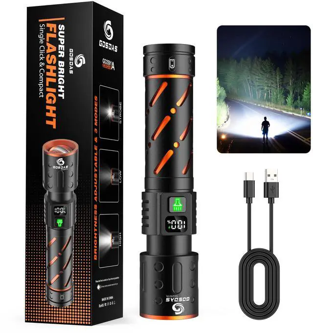 Main image of USB C Rechargeable Flashlight High Lumens 100000 Powerful 5.75 Long | Super Bright 30W LED, Long Distance & Long Lasting 12H, Single Click 3-Mode, USB Output & LCD Display, for Hiking Home Travel