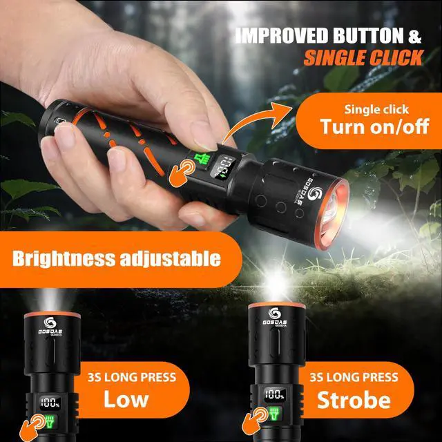 Alt view image 3 of 7 - USB C Rechargeable Flashlight High Lumens 100000 Powerful 5.75 Long | Super Bright 30W LED, Long Distance & Long Lasting 12H, Single Click 3-Mode, USB Output & LCD Display, for Hiking Home Travel