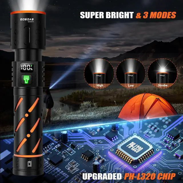 Alt view image 2 of 7 - USB C Rechargeable Flashlight High Lumens 100000 Powerful 5.75 Long | Super Bright 30W LED, Long Distance & Long Lasting 12H, Single Click 3-Mode, USB Output & LCD Display, for Hiking Home Travel