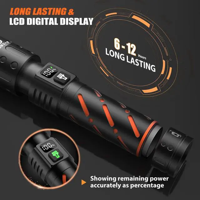 Alt view image 6 of 7 - USB C Rechargeable Flashlight High Lumens 100000 Powerful 5.75 Long | Super Bright 30W LED, Long Distance & Long Lasting 12H, Single Click 3-Mode, USB Output & LCD Display, for Hiking Home Travel
