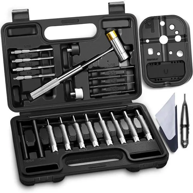 Main image of 25pc Punch Set and Hammer, Roll Pin Punch Set with Bench Block | Complete Punch Set, Enhanced Magnetic Bench Block, 4 Replaceable Hammer Faces, Heat-Treated 40#Cr Steel, Compact Case