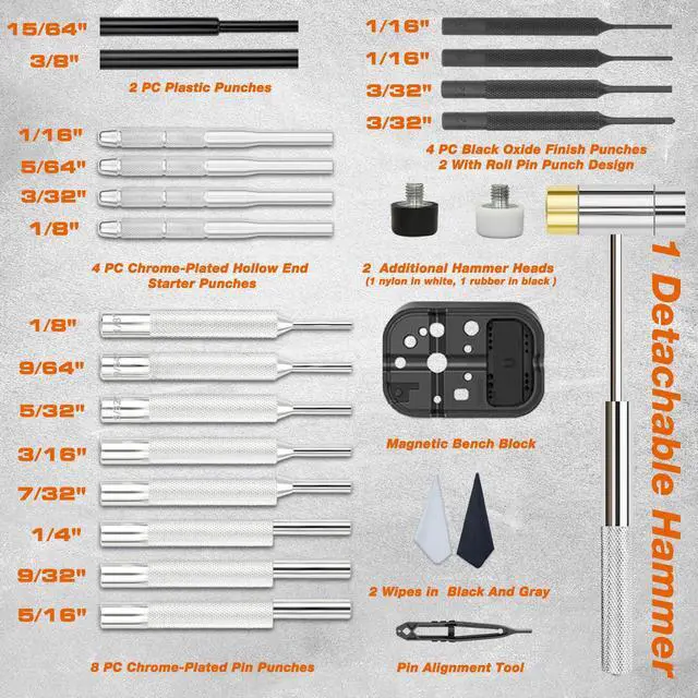 Alt view image 2 of 7 - 25pc Punch Set and Hammer, Roll Pin Punch Set with Bench Block | Complete Punch Set, Enhanced Magnetic Bench Block, 4 Replaceable Hammer Faces, Heat-Treated 40#Cr Steel, Compact Case