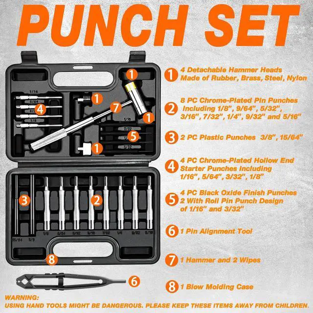 Alt view image 3 of 7 - 25pc Punch Set and Hammer, Roll Pin Punch Set with Bench Block | Complete Punch Set, Enhanced Magnetic Bench Block, 4 Replaceable Hammer Faces, Heat-Treated 40#Cr Steel, Compact Case