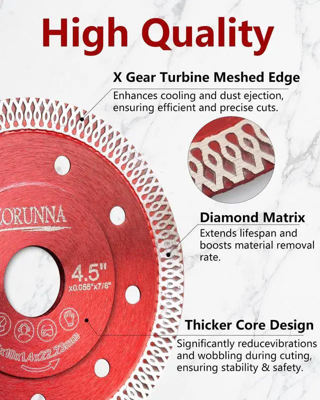 Alt view image 2 of 7 - 5Pcs 4.5" Diamond Saw Blades, Tile Cutting Blade for Angle Grinder | Clean Cuts with Less Chipping, Smooth Finish for Porcelain Ceramic Granite Tile Marble, Less-Wobble Core, Wet/Dry Cuts