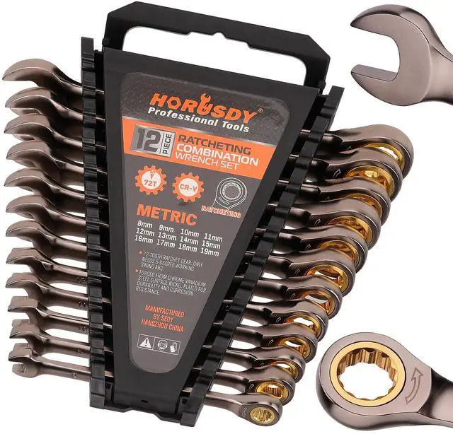 Main image of 12-Piece Metric Ratcheting Wrench Set | 8-19 mm | Ratchet Combination Wrenches Set with Organizer | 72-Teeth | Chrome Vanadium Steel