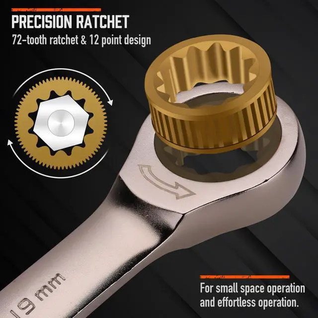Alt view image 3 of 7 - 12-Piece Metric Ratcheting Wrench Set | 8-19 mm | Ratchet Combination Wrenches Set with Organizer | 72-Teeth | Chrome Vanadium Steel
