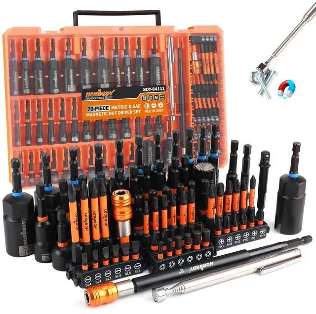 Main image of Upgraded 79-Piece Magnetic Impact Nut Driver Set, Metric & SAE with 3LB Magnetic Pickup Tool, Socket Adapters, Wing Nut Driver, Universal Sockets, Quick-Change Bit Holder & Extensions, Power Bits