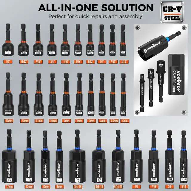 Alt view image 3 of 7 - Upgraded 79-Piece Magnetic Impact Nut Driver Set, Metric & SAE with 3LB Magnetic Pickup Tool, Socket Adapters, Wing Nut Driver, Universal Sockets, Quick-Change Bit Holder & Extensions, Power Bits