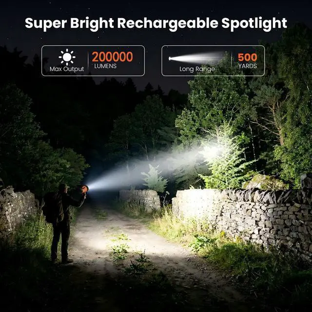 Alt view image 2 of 7 - Rechargeable Spotlight,Handheld Rechargeable Flashlight 200,000 Lumens LED, IP67 Waterproof 12 Hours Running for Boating, Camping, Hunting