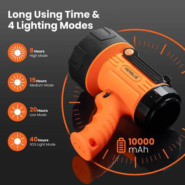 Alt view image 3 of 7 - Rechargeable Spotlight,Handheld Rechargeable Flashlight 200,000 Lumens LED, IP67 Waterproof 12 Hours Running for Boating, Camping, Hunting