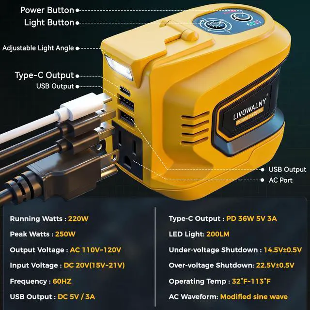 Alt view image 3 of 7 - 220W-250W Power Inverter, Compatible with DeWALT 20V Battery, DC 20V to AC 110V-120V Portable Power Inverter, 1 AC Outlet, 2 USB Ports & 1 Type-C Port, Adjustable LED Work Light, (Tool Only)