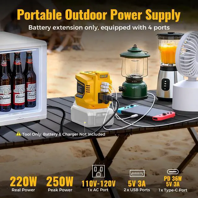Alt view image 5 of 7 - 220W-250W Power Inverter, Compatible with DeWALT 20V Battery, DC 20V to AC 110V-120V Portable Power Inverter, 1 AC Outlet, 2 USB Ports & 1 Type-C Port, Adjustable LED Work Light, (Tool Only)