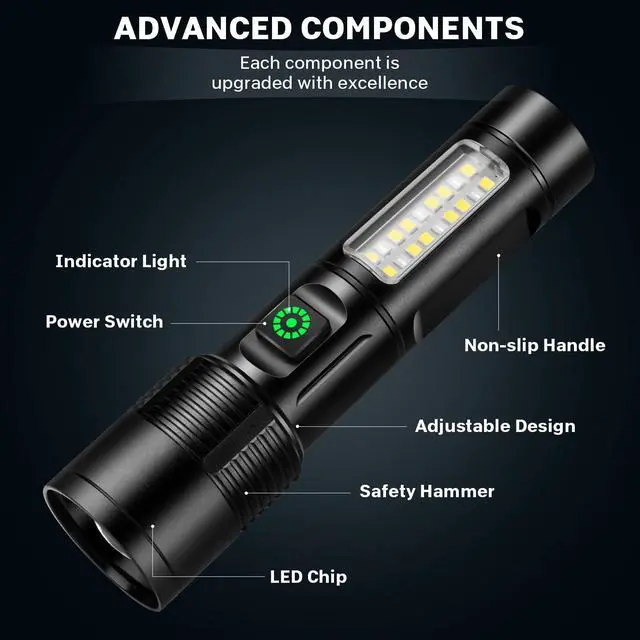 Alt view image 7 of 7 - Rechargeable LED Flashlights High Lumens - 990,000 lm Super Bright Flash Light with 6 Modes, Adjustable Light, Powerful Handheld Linternas for Home, Camping2 Packs