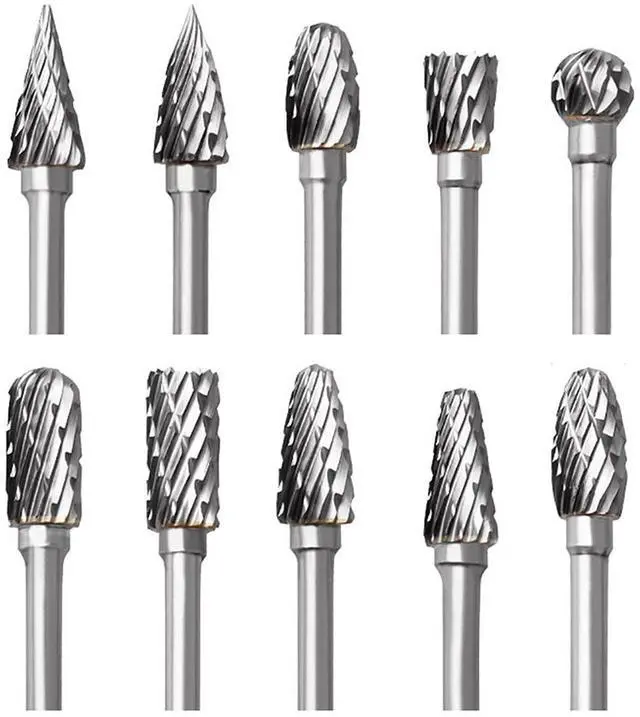 Main image of Tungsten Carbide Rotary Burr Set for Dremel, 10PCS Carbide Double Cut Carving Burr Bits with 1/8 Shank Rotary Tool Accessories for Woodworking, Engraving, Drilling, Steel Metal Working
