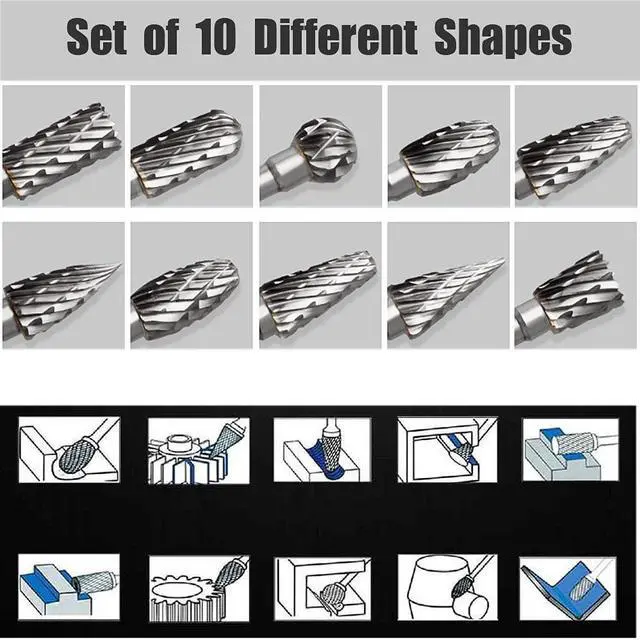Alt view image 6 of 6 - Tungsten Carbide Rotary Burr Set for Dremel, 10PCS Carbide Double Cut Carving Burr Bits with 1/8 Shank Rotary Tool Accessories for Woodworking, Engraving, Drilling, Steel Metal Working