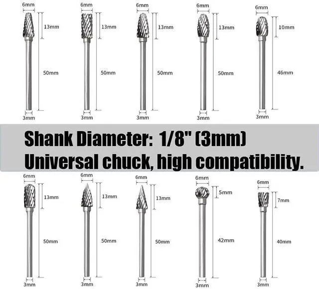 Alt view image 5 of 6 - Tungsten Carbide Rotary Burr Set for Dremel, 10PCS Carbide Double Cut Carving Burr Bits with 1/8 Shank Rotary Tool Accessories for Woodworking, Engraving, Drilling, Steel Metal Working