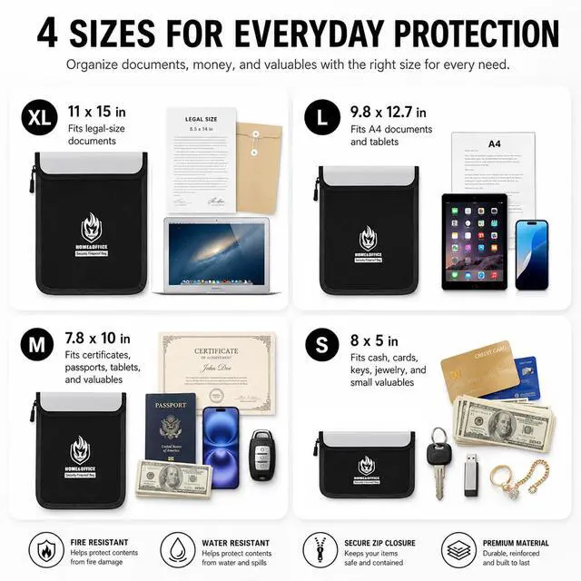 Alt view image 2 of 7 - 4 Pack Fireproof Document Bags (5200), Waterproof Document Holder | Multi-Size Fire Proof Bag for Documents with Reflective Strip, Fireproof Money Bag for Cash, Important Papers, Legal/A4 Size