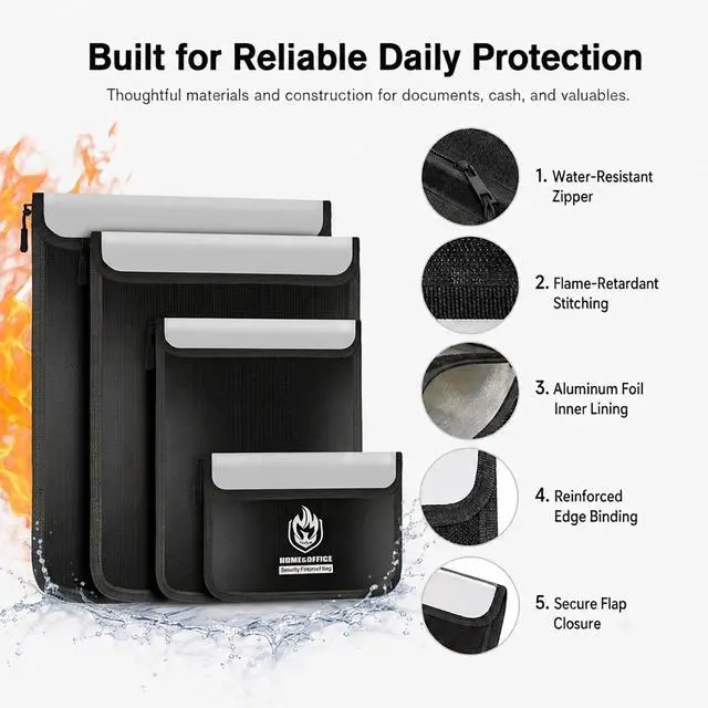 Alt view image 5 of 7 - 4 Pack Fireproof Document Bags (5200), Waterproof Document Holder | Multi-Size Fire Proof Bag for Documents with Reflective Strip, Fireproof Money Bag for Cash, Important Papers, Legal/A4 Size