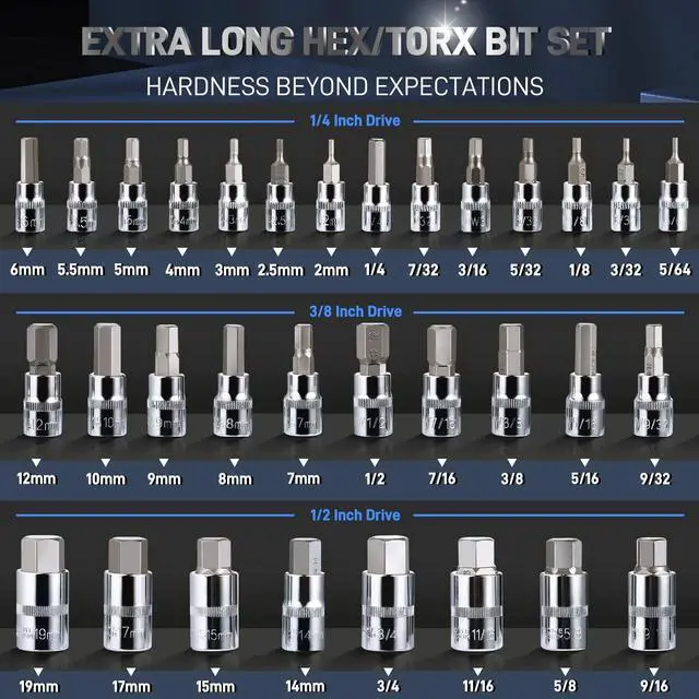 Alt view image 3 of 7 - 32-Piece HEX Bit Socket Set | SAE & Metric Allen Wrench Socket Set with Enhanced Storage Case, Premium Heat Treated Chrome Vanadium Steel & S2 Alloy Steel