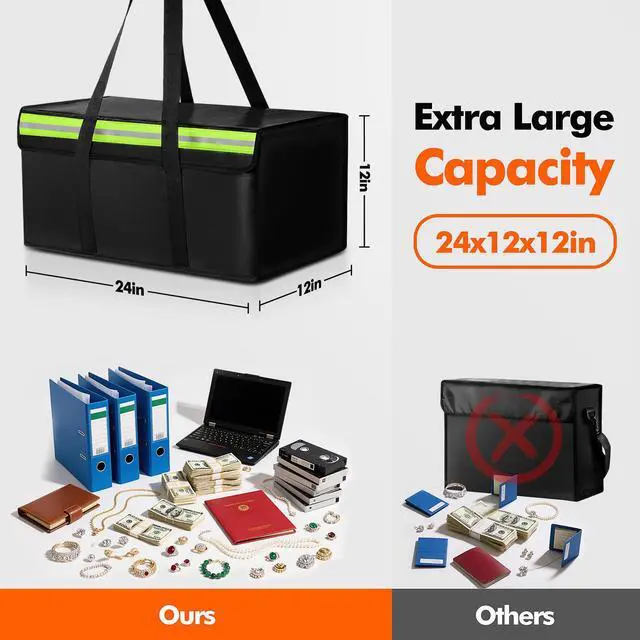 Alt view image 2 of 6 - Large Fireproof Document Bag for Home Safe Storage, 24 x 12 x 12in, Black | 2000°F Fireproof document box, 4-layer fiberglass important document storage for photo, file and cash with reflective strip