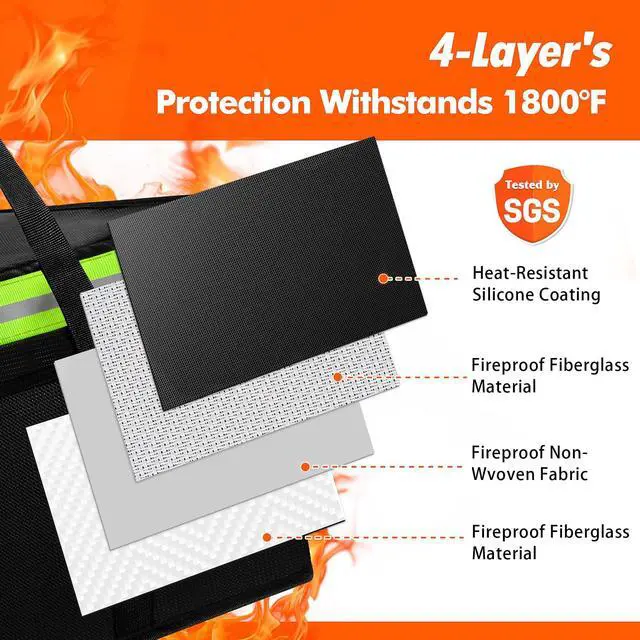 Alt view image 3 of 6 - Large Fireproof Document Bag for Home Safe Storage, 24 x 12 x 12in, Black | 2000°F Fireproof document box, 4-layer fiberglass important document storage for photo, file and cash with reflective strip