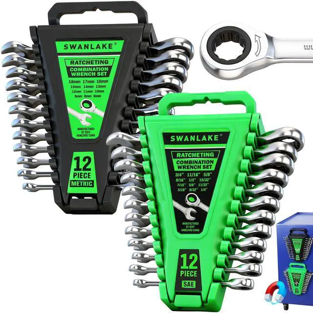 Main image of 24-Piece Combination Ratchet Wrench Set, Metric (6-18mm) & SAE (1/4''-3/4'') Wrenches Set, 12-Point 72-Tooth Ratchet Spanners with Magnetic Base Organizer, Chrome Vanadium Steel for Auto Mechanic Tool