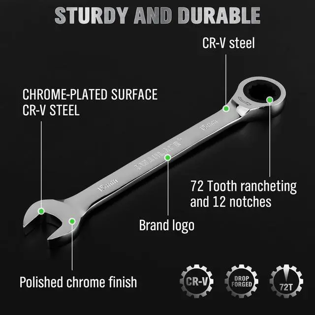 Alt view image 5 of 7 - 24-Piece Combination Ratchet Wrench Set, Metric (6-18mm) & SAE (1/4''-3/4'') Wrenches Set, 12-Point 72-Tooth Ratchet Spanners with Magnetic Base Organizer, Chrome Vanadium Steel for Auto Mechanic Tool
