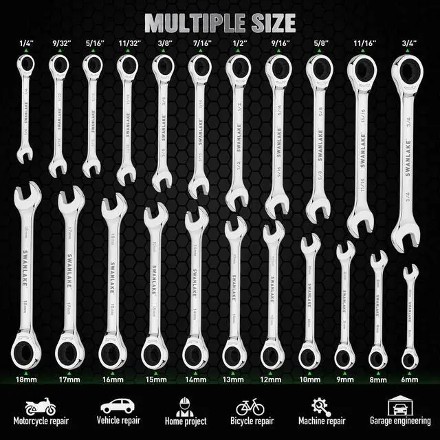 Alt view image 3 of 7 - 24-Piece Combination Ratchet Wrench Set, Metric (6-18mm) & SAE (1/4''-3/4'') Wrenches Set, 12-Point 72-Tooth Ratchet Spanners with Magnetic Base Organizer, Chrome Vanadium Steel for Auto Mechanic Tool
