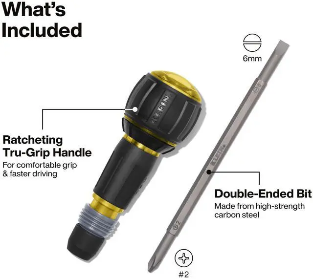 Alt view image 2 of 5 - 32960ARCHT Ratcheting Fastbit Tru-Grip Screwdriver, Ratcheting Ball-Style Handle with Quick-Release Collar, #2 Phillips and 6 mm Slotted Double-Ended Bit, 1/4-Inch Bit Compatible
