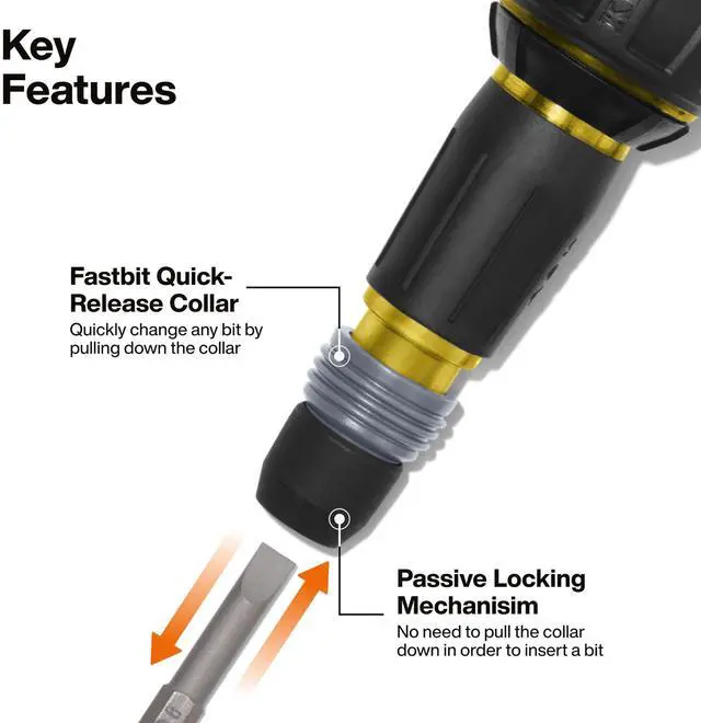 Alt view image 3 of 5 - 32960ARCHT Ratcheting Fastbit Tru-Grip Screwdriver, Ratcheting Ball-Style Handle with Quick-Release Collar, #2 Phillips and 6 mm Slotted Double-Ended Bit, 1/4-Inch Bit Compatible