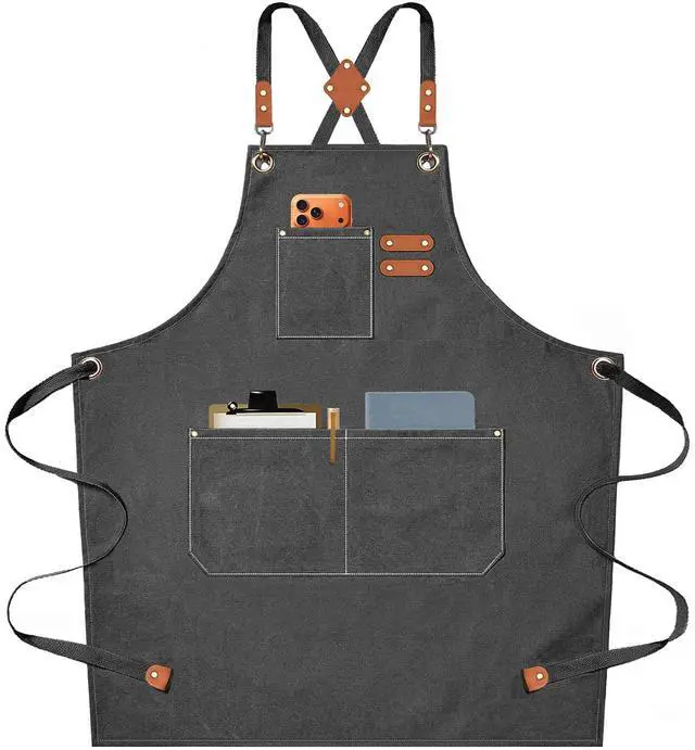 Main image of Chef Aprons for Men Women with Oversized Pockets, 16-Ounce Cotton Canvas Cross Back Heavy Duty Work Apron (Grey)