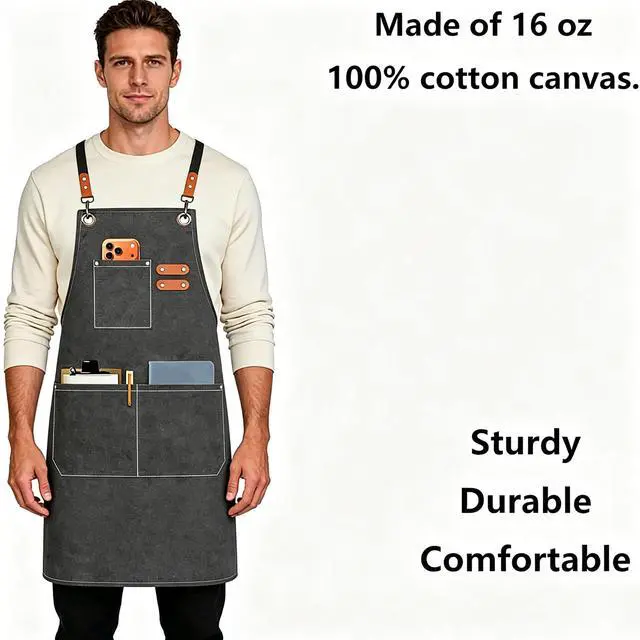 Alt view image 4 of 5 - Chef Aprons for Men Women with Oversized Pockets, 16-Ounce Cotton Canvas Cross Back Heavy Duty Work Apron (Grey)