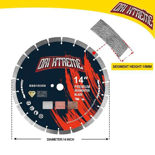 Alt view image 2 of 6 - 14 Inch Diamond Saw Blade, General Purpose Segmented Blade | Dry/Wet Cutting Concrete, Reinforced Concrete, Masonry, Brick, Block, 1"-20mm Arbor
