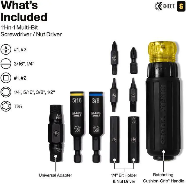 Alt view image 2 of 7 - 32500HDRT KNECT Ratcheting Screwdriver, Multi-Bit Screwdriver/Nut Driver, Impact Rated 11-in-1 Tool with Phillips, Slotted, Square and Torx Tips