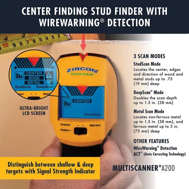 Alt view image 3 of 7 - ® MultiScanner A200 Stud Finder with Metal & Live Wire Detection | Find wood and metal studs, detect metal objects and live AC wires before drilling with visual SpotLite® guidance