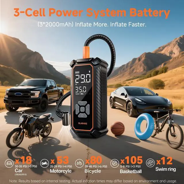 Alt view image 3 of 7 - Tire Inflator Portable Air Compressor, Dual Power-3 * 2000mAh & 12V DC | Lightning-Fast Inflation, Auto Shut-off, Cordless Air Pump for Car Tires, Bikes, Balls with LED & Digital Pressure Gauge